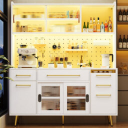 Btm Led Tall Sideboard With Pegboard, Drawer And Glass Shelves, Kitchen/living Room Cabinet, White - thumbnail 3