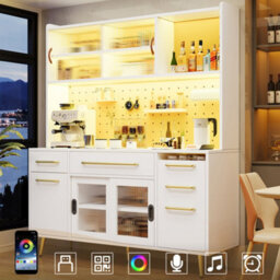Btm Led Tall Sideboard With Pegboard, Drawer And Glass Shelves, Kitchen/living Room Cabinet, White - thumbnail 2