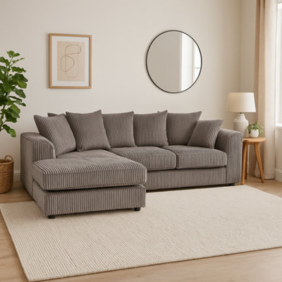 Eco Living Asher Jumbo Cord Corner Sofa Left Hand Facing Chaise Grey