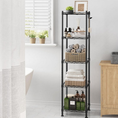 Songmics 5-Tier Bathroom Storage Rack, Metal Organizer With Hooks, Expandable Design, Small Space Solution, Black And Translucent - image 1