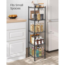 Songmics 5-Tier Bathroom Storage Rack, Metal Organizer With Hooks, Expandable Design, Small Space Solution, Black And Translucent - thumbnail 3