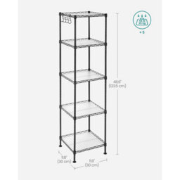 Songmics 5-Tier Bathroom Storage Rack, Metal Organizer With Hooks, Expandable Design, Small Space Solution, Black And Translucent - thumbnail 2