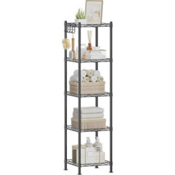 Songmics 5-Tier Bathroom Storage Rack, Metal Organizer With Hooks, Expandable Design, Small Space Solution, Black And Translucent - thumbnail 7
