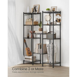 Songmics 5-Tier Bathroom Storage Rack, Metal Organizer With Hooks, Expandable Design, Small Space Solution, Black And Translucent - thumbnail 5
