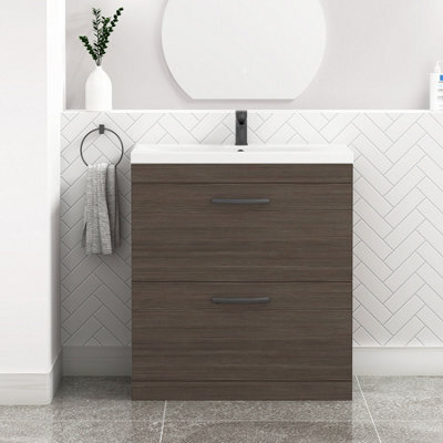 Royal Bathrooms Turin Grey Elm 800mm Floor Standing Vanity Unit 2 Drawer With Mid-Edge Basin Sink & Matt Black Handles - image 1