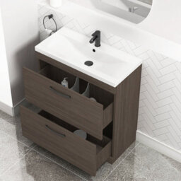 Royal Bathrooms Turin Grey Elm 800mm Floor Standing Vanity Unit 2 Drawer With Mid-Edge Basin Sink & Matt Black Handles - thumbnail 3