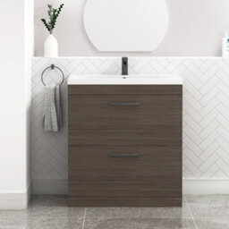 Royal Bathrooms Turin Grey Elm 800mm Floor Standing Vanity Unit 2 Drawer With Mid-Edge Basin Sink & Matt Black Handles - thumbnail 1