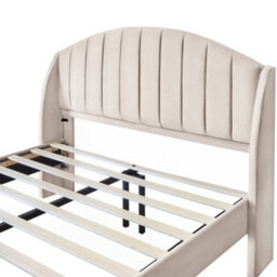 Double Bed-4Ft6(135X190Cm),with Slatted Frame And Headboard, Youth Bed, Wooden Slatted Support, Easy Assembly, Velvet, Beige - thumbnail 5