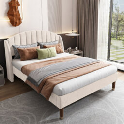 Double Bed-4Ft6(135X190Cm),with Slatted Frame And Headboard, Youth Bed, Wooden Slatted Support, Easy Assembly, Velvet, Beige - thumbnail 1