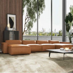 Valencia Nathan Full Aniline Leather Lounge Modular Four Seats Double Chaise Sofa Caramel Brown Color Fsc Pine Wood - thumbnail 1