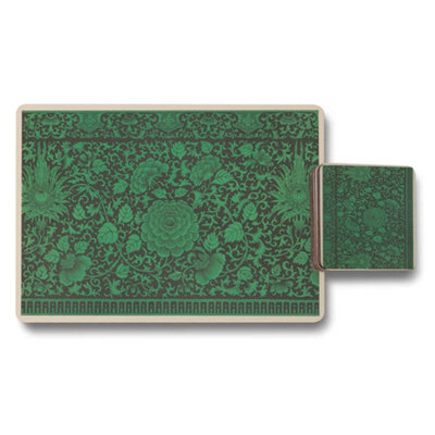 Benjamin Tate Design Damask Green Placemat And Coaster Set Twelve Piece Designer Artwork Wood Base Limited Edition Exclusive - image 1