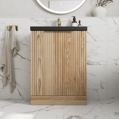 Affine Fluted 600mm Bathroom Vanity Unit Basin Floorstanding Cupboard Soft Close Oak - image 1