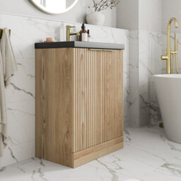 Affine Fluted 600mm Bathroom Vanity Unit Basin Floorstanding Cupboard Soft Close Oak - thumbnail 2