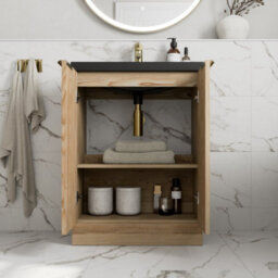 Affine Fluted 600mm Bathroom Vanity Unit Basin Floorstanding Cupboard Soft Close Oak - thumbnail 3