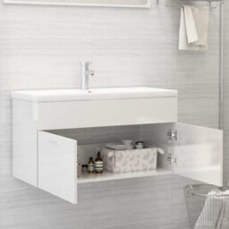 Berkfield Sink Cabinet With Built-In Basin High Gloss White Engineered Wood - thumbnail 3