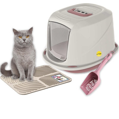 Cat Centre.Direct Cat Centre Jumbo Pink Cat Hooded Set: Litter Tray + Scoop + Cream Tray Mat + Carbon Filter - image 1