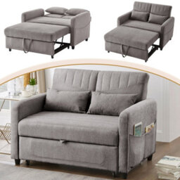 Btm Fold Out Sofa Bed, 2 Seater Sofa With Pull Out Design, Adjustable Backrest And Cotton Linen Fabric