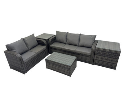 Fimous Outdoor Love Sofa 3 Seater Sofa Coffee Table Set Garden Rattan Furniture Set 5 Seater With 2 Side Tables Dark Grey - image 1