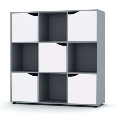 Urbn-Living Urbnliving 9 Cube Grey Wooden Bookcase Shelving Display Shelves Storage Unit Wood Shelf White Door - image 1
