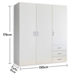 Arte Modern Harry 3-Door Wardrobe In White W150Cm X H176Cm X D51Cm - Sleek Storage With Versatile Organisation - thumbnail 5