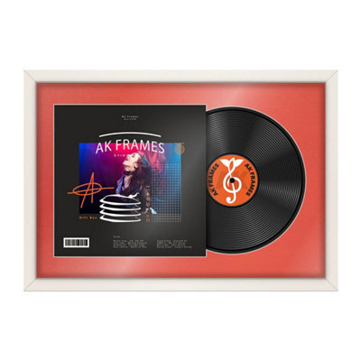 "AK Frames 25X17"" White Sleek Vinyl Record Frame With Poppy Red Mount For 12 Inch Lp Cover & Disc - Overlapped Design" - image 1