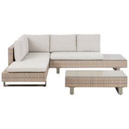 Beliani Garden Corner Sofa With Table 5 Seater Lanciano Right Hand Pe Rattan Off-White - thumbnail 1