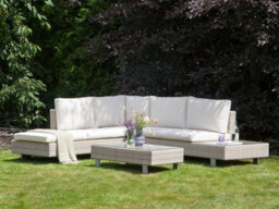 Beliani Garden Corner Sofa With Table 5 Seater Lanciano Right Hand Pe Rattan Off-White - thumbnail 2