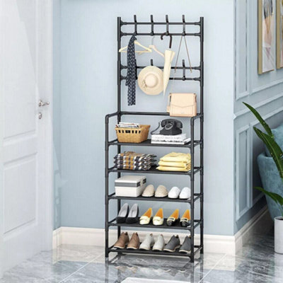 5 Tiers 8 Hooks Hat And Coat Hanger Stand Shoe Rack Black Metal Shelf Storage Organiser - image 1