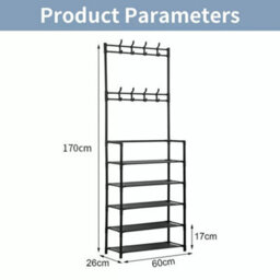5 Tiers 8 Hooks Hat And Coat Hanger Stand Shoe Rack Black Metal Shelf Storage Organiser - thumbnail 2