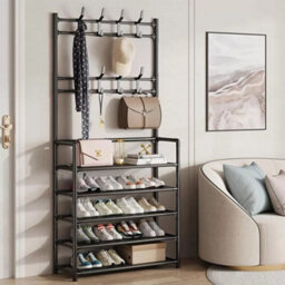 5 Tiers 8 Hooks Hat And Coat Hanger Stand Shoe Rack Black Metal Shelf Storage Organiser - thumbnail 4