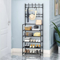 5 Tiers 8 Hooks Hat And Coat Hanger Stand Shoe Rack Black Metal Shelf Storage Organiser