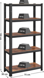 Songmics 5 Tier Shelving Unit, Industrial, Adjustable Storage Shelves, For Living Room, Kitchen, Garage, Rustic Brown And Black - thumbnail 2