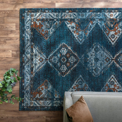 Traditional Teal Persian Bordered Geometric Easy To Clean Rug For Dining Room Bedroom & Living Room-195Cm X 290Cm - image 1