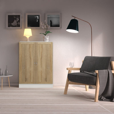 Furniture To Go Basic Low Wide Storage Cabinet In White (2 Shelves) With 2 Oak Doors - image 1