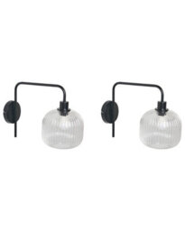 Beliani Pair Of Wall Sconces Black Iron With Ribbed Glass Drum Shade - Modern Industrial, W46 X D20 X H30Cm - thumbnail 3