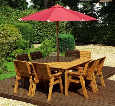 Charles Taylor 8 Seater Wooden Square Table & 6 Chairs 1 Bench Parasol Red - image 1