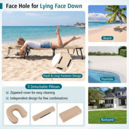 Gainoom Folding Beach Beige Sun Lounger Adjustable Face Down Tanning Chair Portable Outdoor Sunbathing Recliner - thumbnail 5