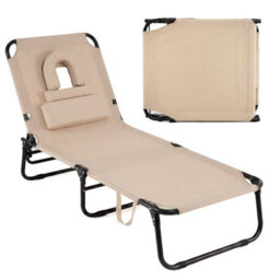 Gainoom Folding Beach Beige Sun Lounger Adjustable Face Down Tanning Chair Portable Outdoor Sunbathing Recliner - thumbnail 9