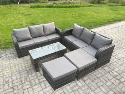 Fimous Outdoor Lounge Sofa Set Rattan Garden Furniture Set With Rectangular Coffee Table 2 Big Footstool Dark Grey Mixed - image 1