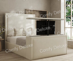 Comfy Deluxe Smartflix  Tv Bed Frame Cream Plush Velvet Double 4Ft6 With 54Inch Headboard