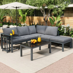 Btm Outdoor Garden Lounge Sofa Set For 4 To 5 People Corner Sofa With Side Table Coffee Table All Weather Furniture Grey Cushions