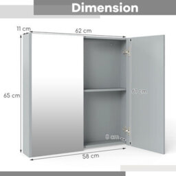 Costway Bathroom Wall Cabinet 2-Door Mirror Cabinet W/ Adjustable Shelf 62 Cm X 65 Cm-Grey - thumbnail 3