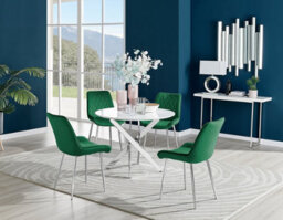 Furniturebox Novara White High Gloss 100Cm Round Dining Table With Chrome Starburst Legs & 4 Green Pesaro Velvet Chairs
