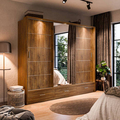Arte Modern Lux Wardrobe With Shelves And Mirrored Door In Oak Sterling - Led Lit Storage Solution (H2150mm W2500mm D630mm) - image 1