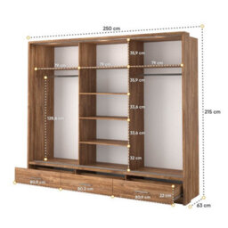 Arte Modern Lux Wardrobe With Shelves And Mirrored Door In Oak Sterling - Led Lit Storage Solution (H2150mm W2500mm D630mm) - thumbnail 3