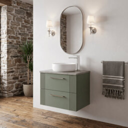 Balterley Belvide Partial Fluted 2 Drawer Wall Hung Vanity Unit With Bellato Grey Laminate Worktop - 600mm - Satin Green - thumbnail 4