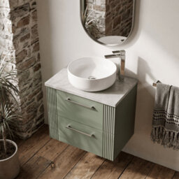 Balterley Belvide Partial Fluted 2 Drawer Wall Hung Vanity Unit With Bellato Grey Laminate Worktop - 600mm - Satin Green - thumbnail 3