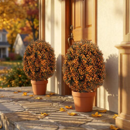 Amorly 65Cm Artificial Boxwood Topiary Shrubs, Fake Autumn Toned Ball Trees With Ground Spike, Faux Greenery Decor For Indoor, Garden - thumbnail 3