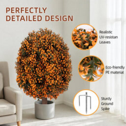 Amorly 65Cm Artificial Boxwood Topiary Shrubs, Fake Autumn Toned Ball Trees With Ground Spike, Faux Greenery Decor For Indoor, Garden - thumbnail 6