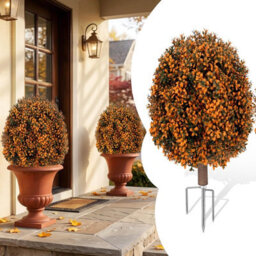 Amorly 65Cm Artificial Boxwood Topiary Shrubs, Fake Autumn Toned Ball Trees With Ground Spike, Faux Greenery Decor For Indoor, Garden - thumbnail 1